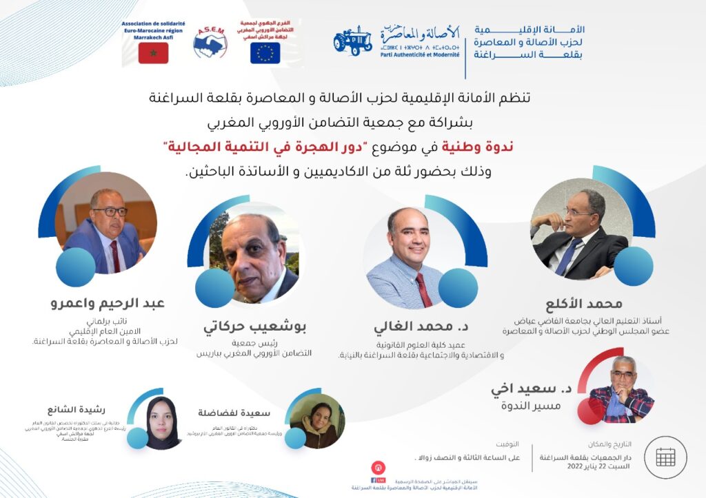 بشراكة مع جمعية التضامن الأوروبي المغربي: حزب البام بقلعة السراغنة ينظم ندوة وطنية حول “دور الهجرة في التنمية المجالية”