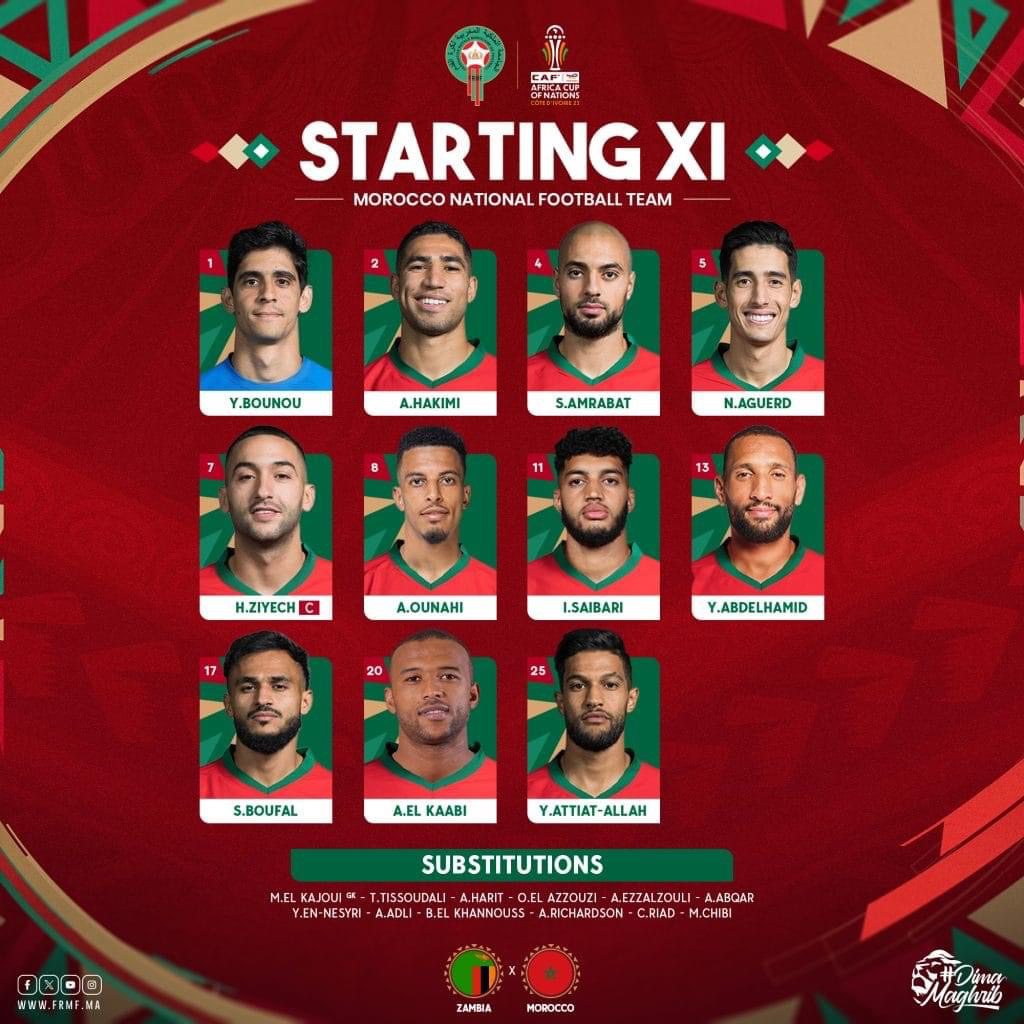 تشكيلة المنتخب المغربي لمواجهة زامبيا