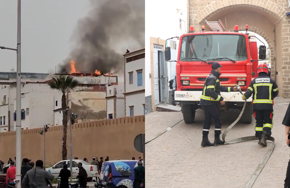 بالفيديو.. استنفار أمني لإخماد حريق شبّ بفندق في قلب المدينة العتيقة للصويرة