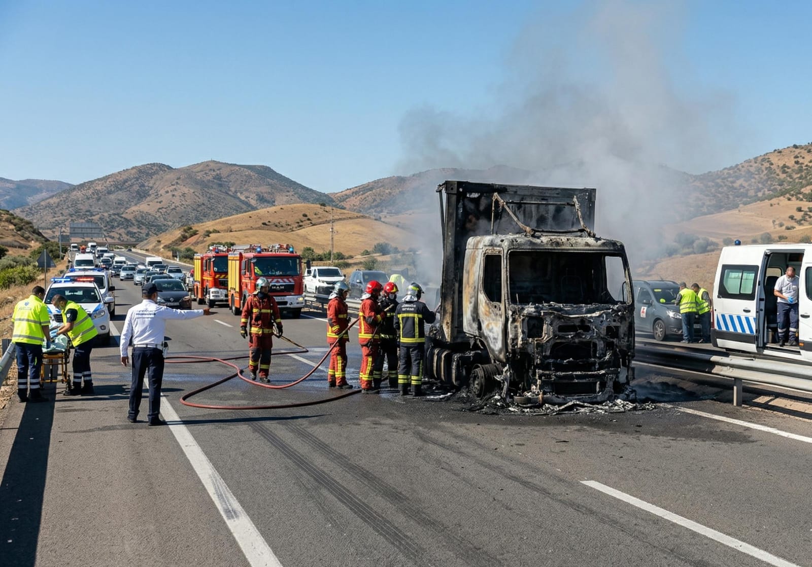 أمسكروض.. حريق يلتهم شاحنة بضائع ويشل حركة السير بالطريق السيار الرابط بين مراكش وأكادير