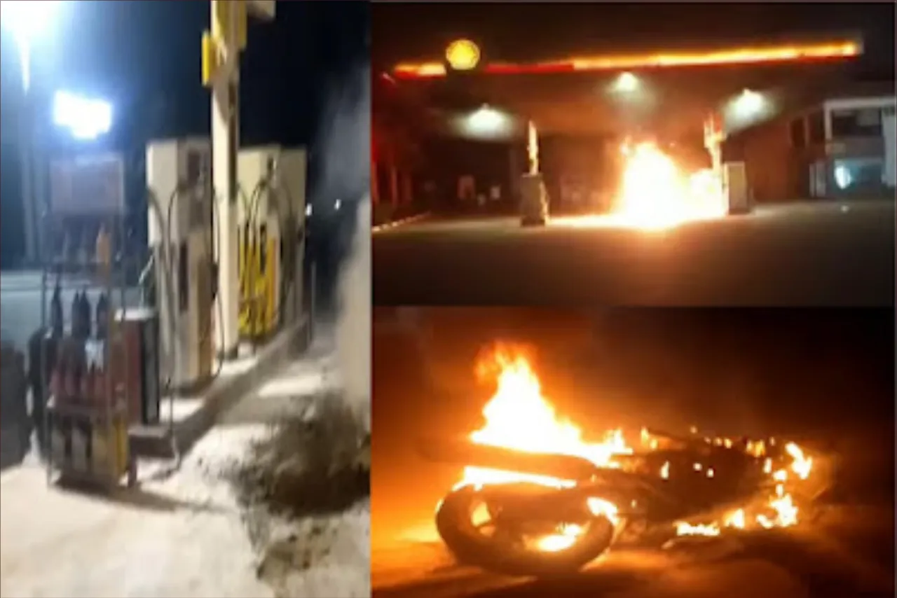 اندلاع النيران بدراجة نارية بمحطة للوقود بأزرو